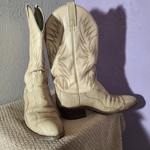 Vtg Dan Post Mens Cream Tan Exotic Lizard Leather Cowboy Boots Pointed Toe 9.5D - Picture 7 of 12